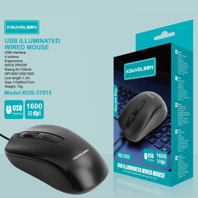 Mouse con Cable USB (1.2m). DPI Ajustable 800-1200-1600. Diseño Ergonómico de 4 Botones. Ideal para PC y Laptop.