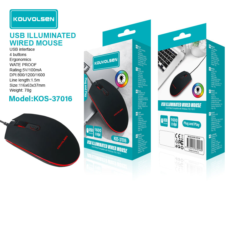 Mouse Gamer con Cable USB (1.5m). 1600 DPI Ajustable. Iluminación RGB LED. Diseño Ergonómico de 4 Botones. Plug and Play.