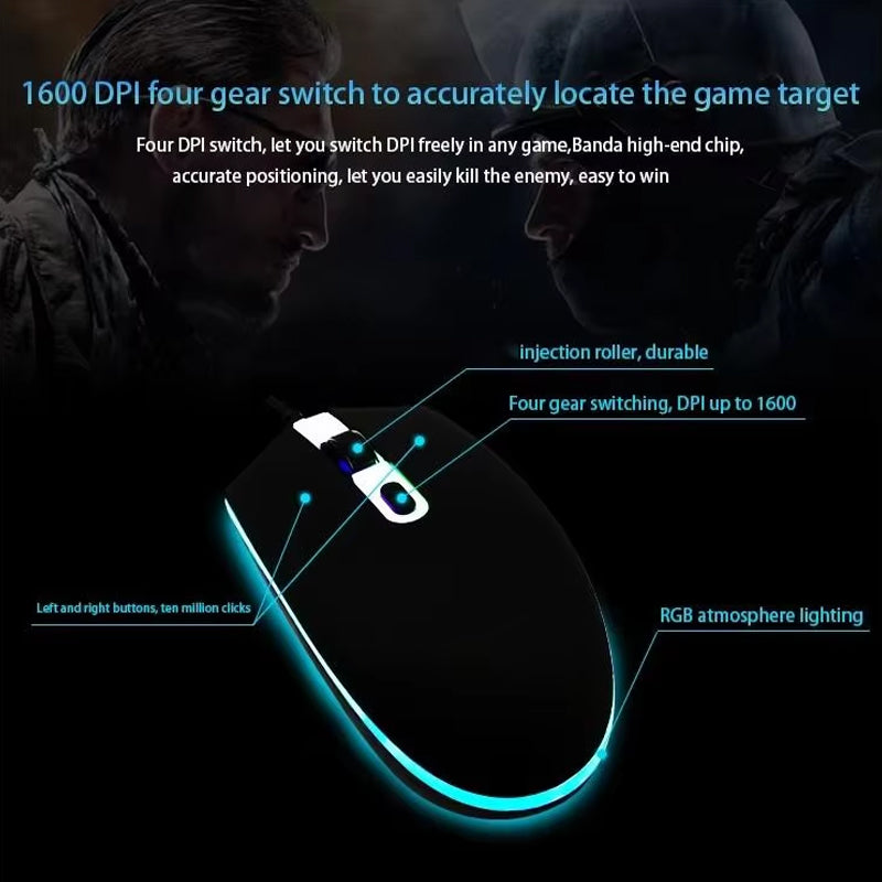 Mouse Gamer con Cable USB (1.5m). 1600 DPI Ajustable. Iluminación RGB LED. Diseño Ergonómico de 4 Botones. Plug and Play.
