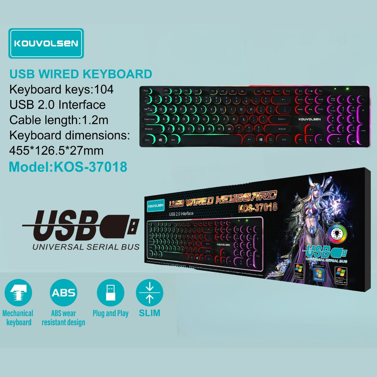 Teclado Gamer USB Con Cable (1.2m) Compatible Con PC Y Laptop. Retroiluminación RGB Multicolor. 104 Teclas. Conexión USB 2.0 Plug & Play.