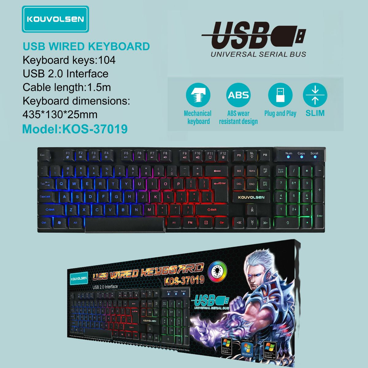 Teclado Gamer USB Con Cable (1.5m) Compatible Con PC Y Laptop. Retroiluminación RGB Multicolor. 104 Teclas. Conexión USB 2.0 Plug & Play.