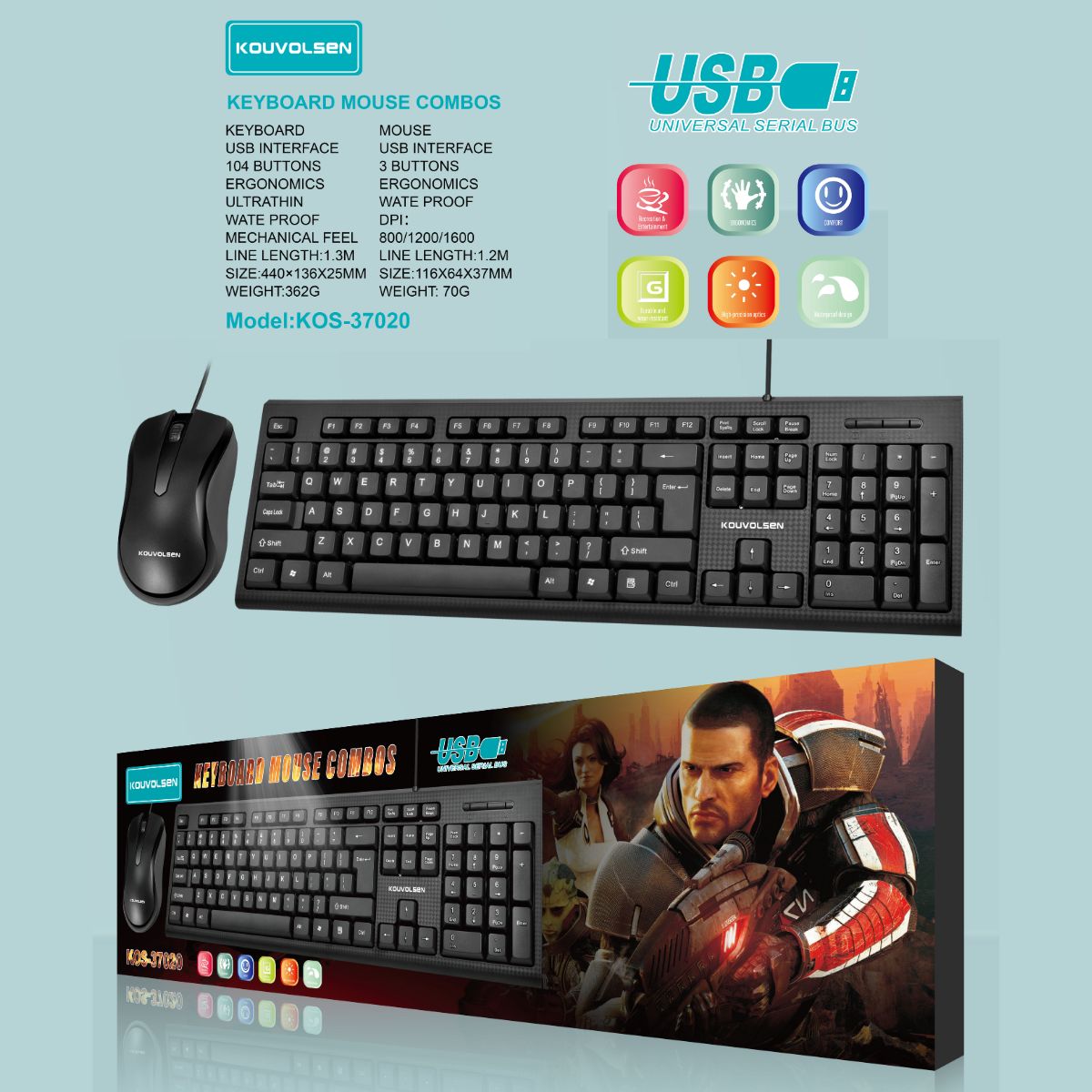 Teclado Y Mouse USB con cable Para Computadora Y Laptop. 104 Teclas. Mouse Con DPI Ajustable 800/1200/1600.