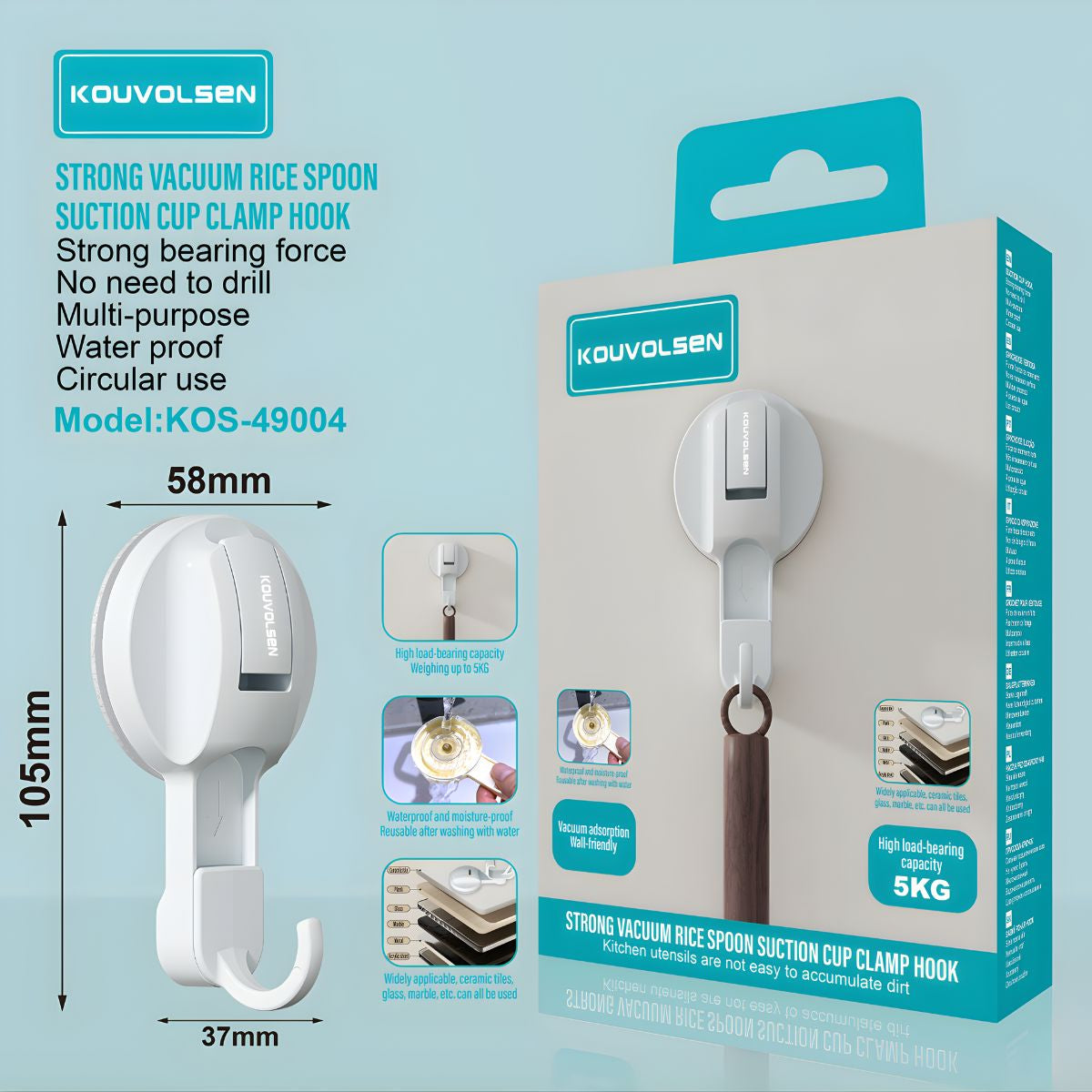 Soporte Gancho Organizador para Cucharones o utensilios de cocina. Clip con ventosa para pared.