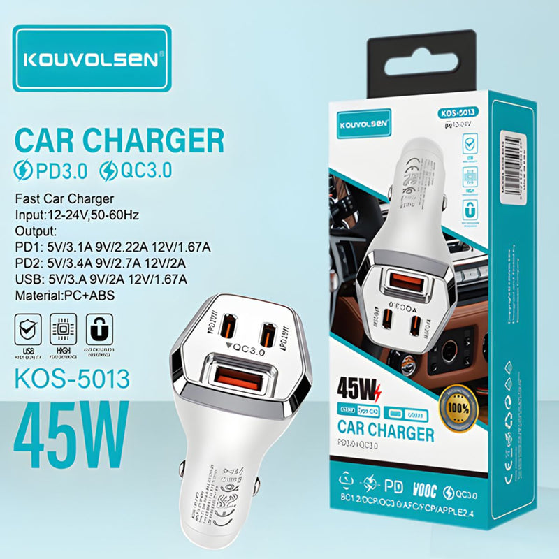 Cargador para Auto 45W con Doble USB-C y Puerto USB 3.0. Adaptador de carro con carga rápida para múltiples dispositivos.