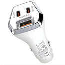 Cargador para Auto 45W con Doble USB-C y Puerto USB 3.0. Adaptador de carro con carga rápida para múltiples dispositivos.