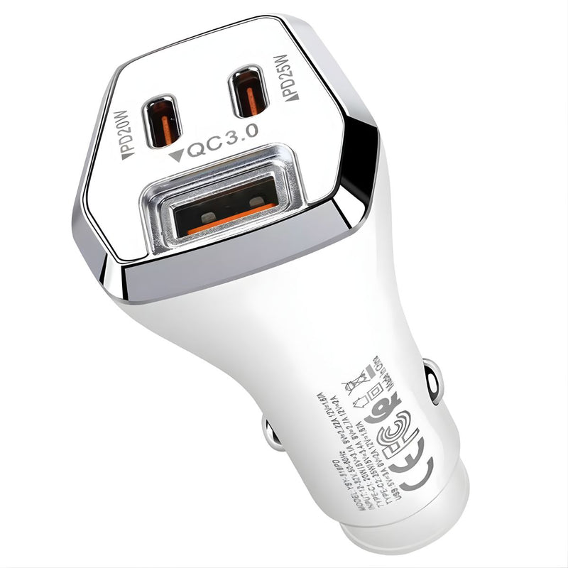 Cargador para Auto 45W con Doble USB-C y Puerto USB 3.0. Adaptador de carro con carga rápida para múltiples dispositivos.