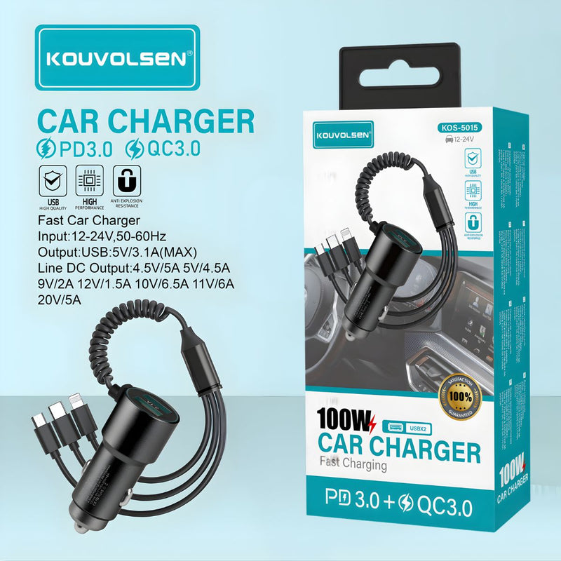 Cargador para Auto 100W con Carga Rápida PD 3.0 y QC 3.0. Adaptador de carro con cable 3 en 1 (USB-C, Micro USB y Lightning) y puerto USB.