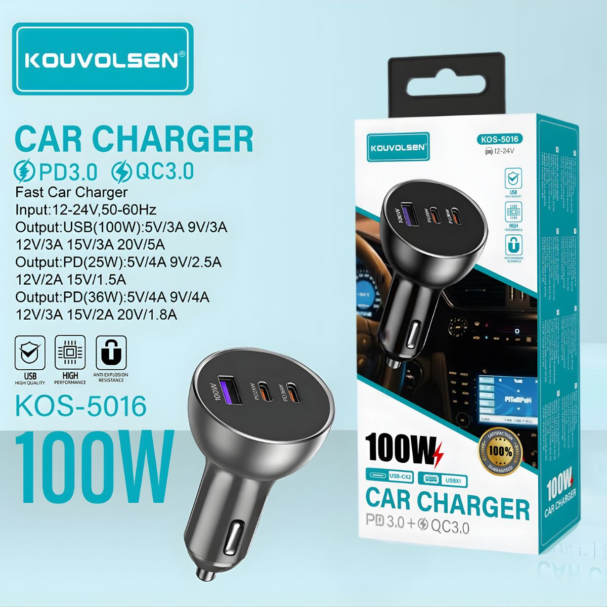 Cargador para Auto 100W con Carga Rápida PD 3.0 y QC 3.0. Adaptador de carro con 3 puertos (2 USB-C y USB).