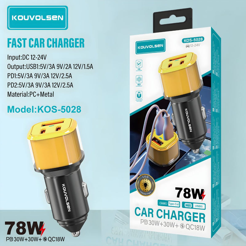 Cargador para Auto 78W con Carga Rápida PD y QC. Adaptador de carro con Puertos USB-C y USB para carga de múltiples dispositivos.