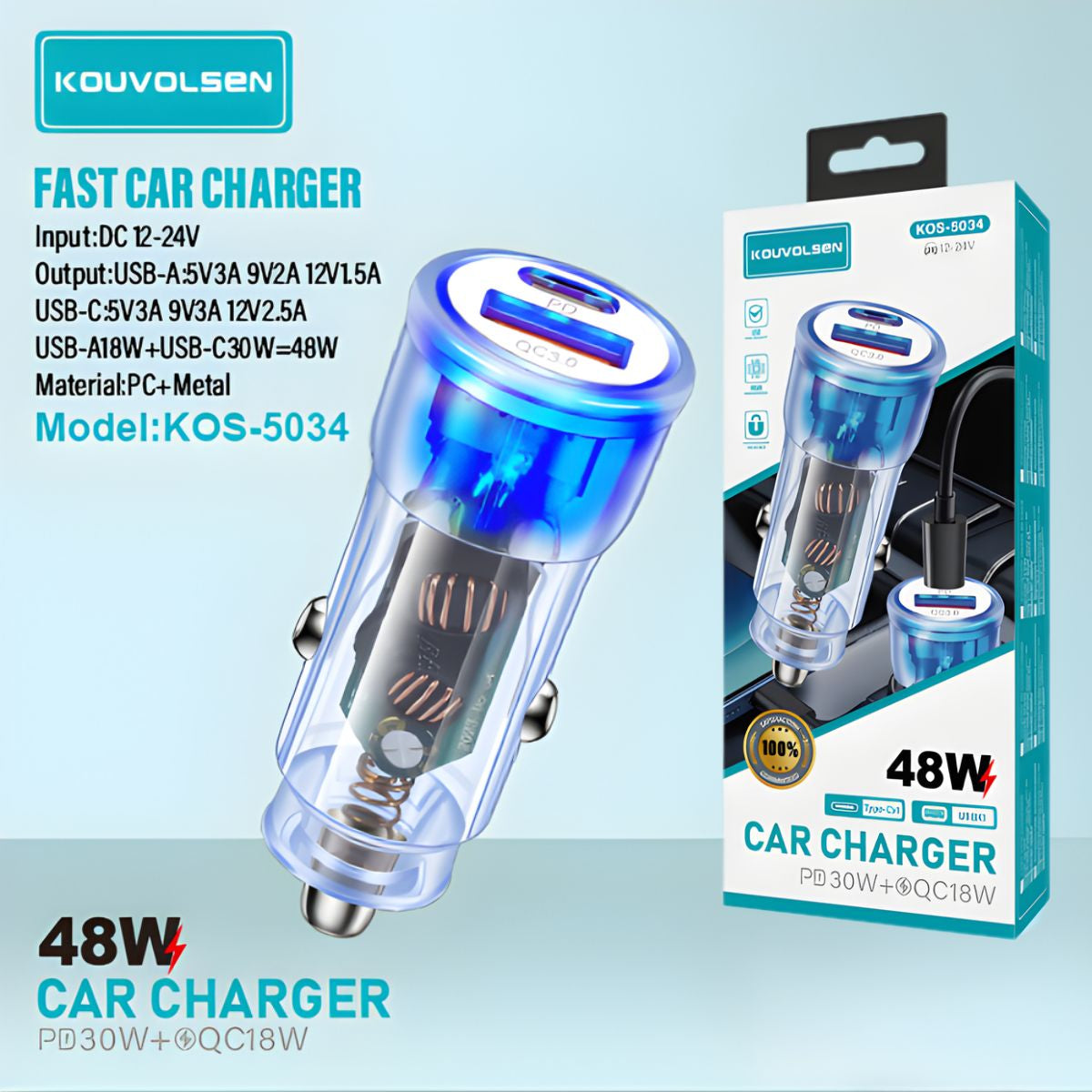 Cargador para Auto 48W con Carga Rápida PD y QC. Adaptador de carro con Puerto USB-C y USB para carga de múltiples dispositivos.