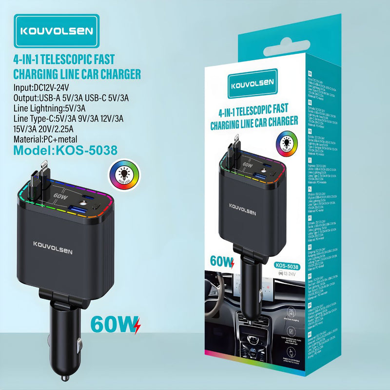 Cargador para Auto 4 en 1 con Cable Telescópico Integrado. Adaptador de carro 60W con puertos USB-C y USB, compatible con dispositivos USB-C y Lightning.