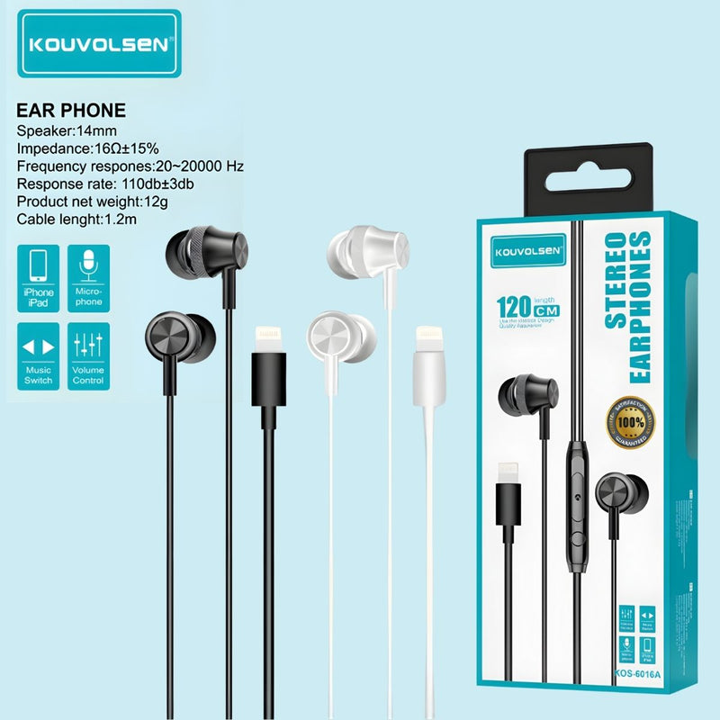 Audífonos con Cable In-Ear 14 mm con Conector Lightning, Micrófono Integrado y Control de Volumen – Cable 1.2 m