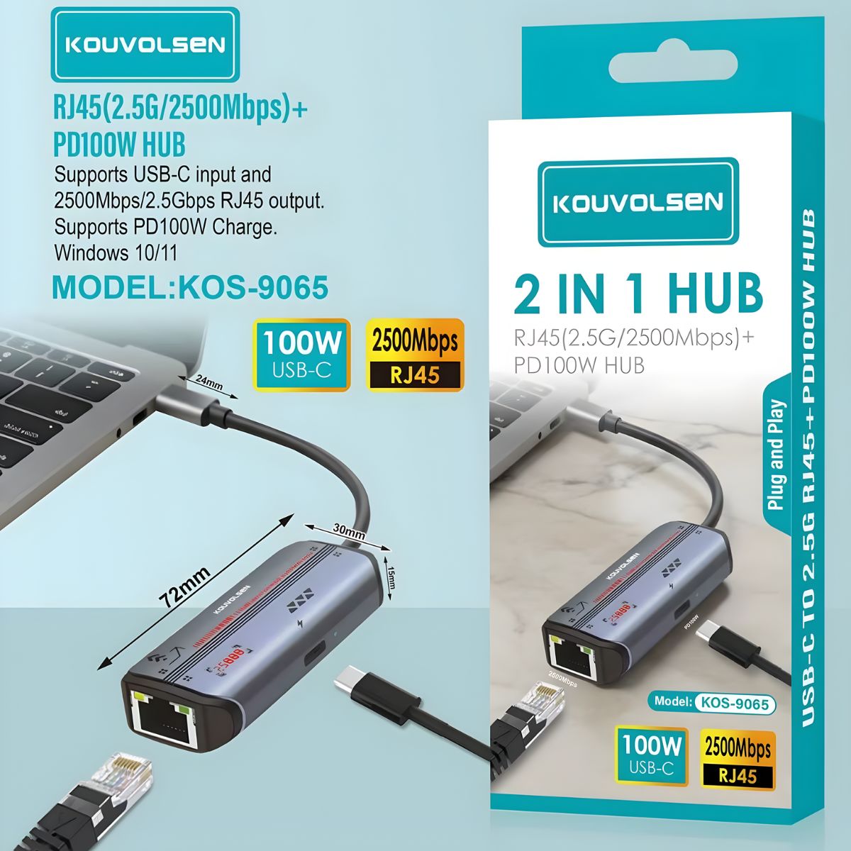 Hub USB 2 En 1 Multifuncional. Adaptador De Alta Velocidad Con Puerto Ethernet RJ45 2.5Gbps Y Carga USB-C PD 100W.