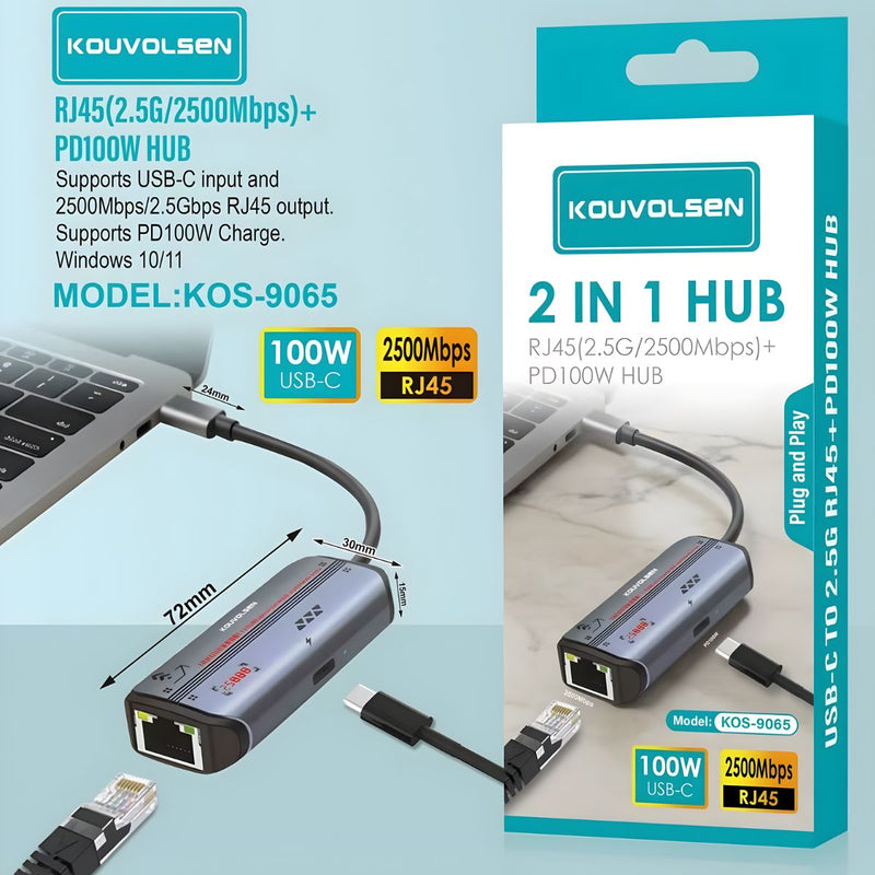 Hub USB 2 En 1 Multifuncional. Adaptador De Alta Velocidad Con Puerto Ethernet RJ45 2.5Gbps Y Carga USB-C PD 100W.