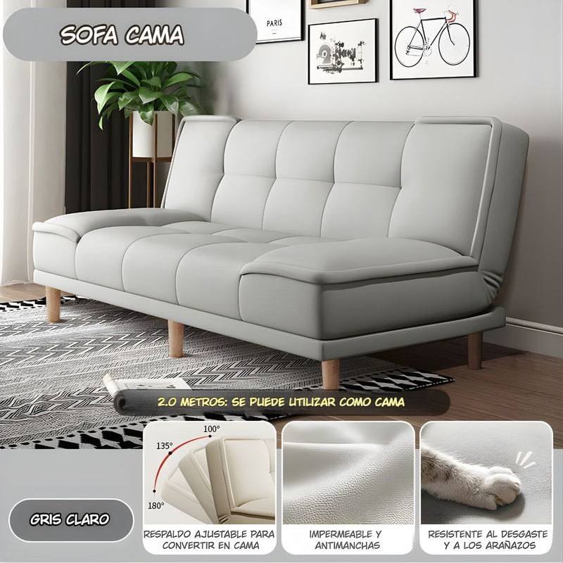 Sofá Cama de 2 Metros en Gris Claro. Respaldo Ajustable. Material Impermeable y Antiarañazos. Sillón Convertible en Cama para Cuatro Personas.