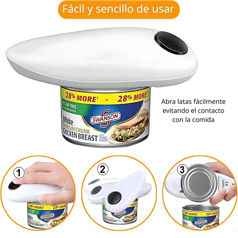 Abrelatas Eléctrico Automático Portátil. Apertura sin Esfuerzo para Latas y Frascos. Incluye Herramienta Antideslizante para Tapas.