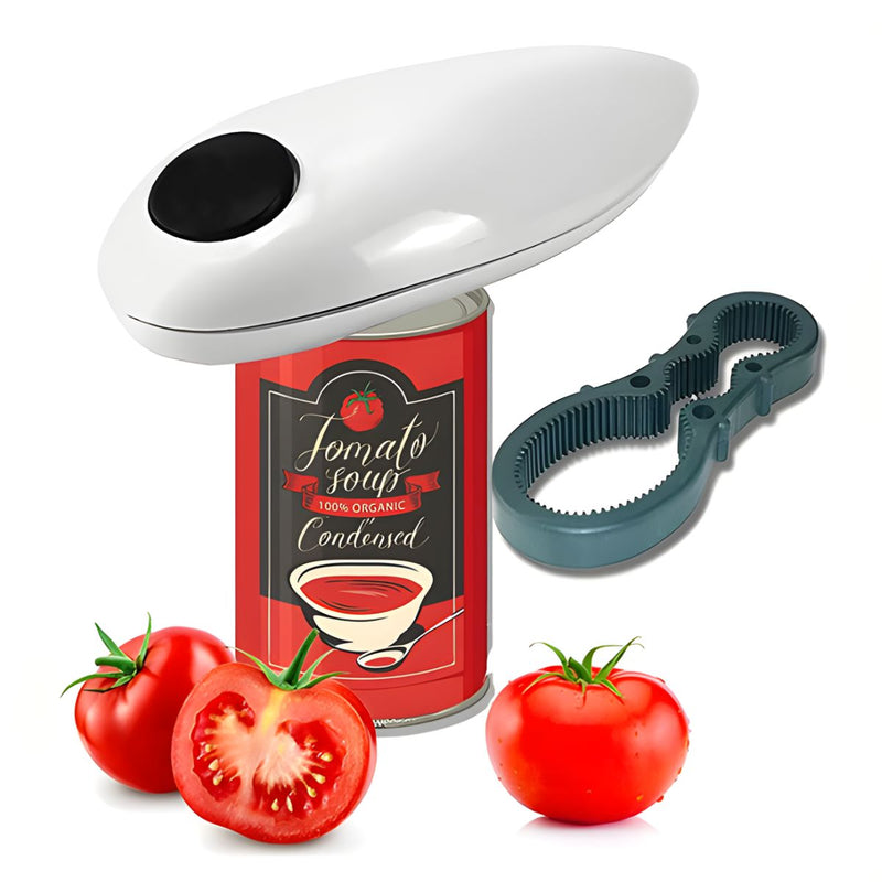 Abrelatas Eléctrico Automático Portátil. Apertura sin Esfuerzo para Latas y Frascos. Incluye Herramienta Antideslizante para Tapas.