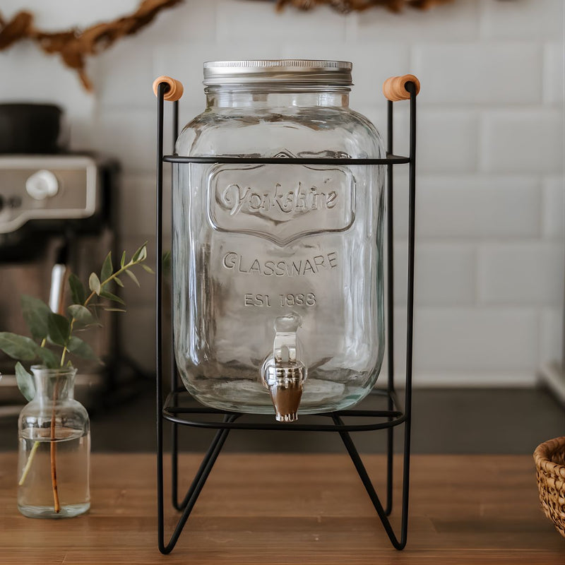 Dispensador De Bebidas De Vidrio 5L Con Grifo Metálico Antigoteo. Incluye Soporte De Hierro. Ideal Para Jugos.