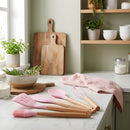 Utensilios de Cocina de Silicona y Madera. Juego de cucharones de 5 Piezas Antiadherentes y Resistentes al Calor. Color rosado.