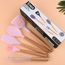 Utensilios de Cocina de Silicona y Madera. Juego de cucharones de 5 Piezas Antiadherentes y Resistentes al Calor. Color rosado.
