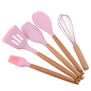 Utensilios de Cocina de Silicona y Madera. Juego de cucharones de 5 Piezas Antiadherentes y Resistentes al Calor. Color rosado.