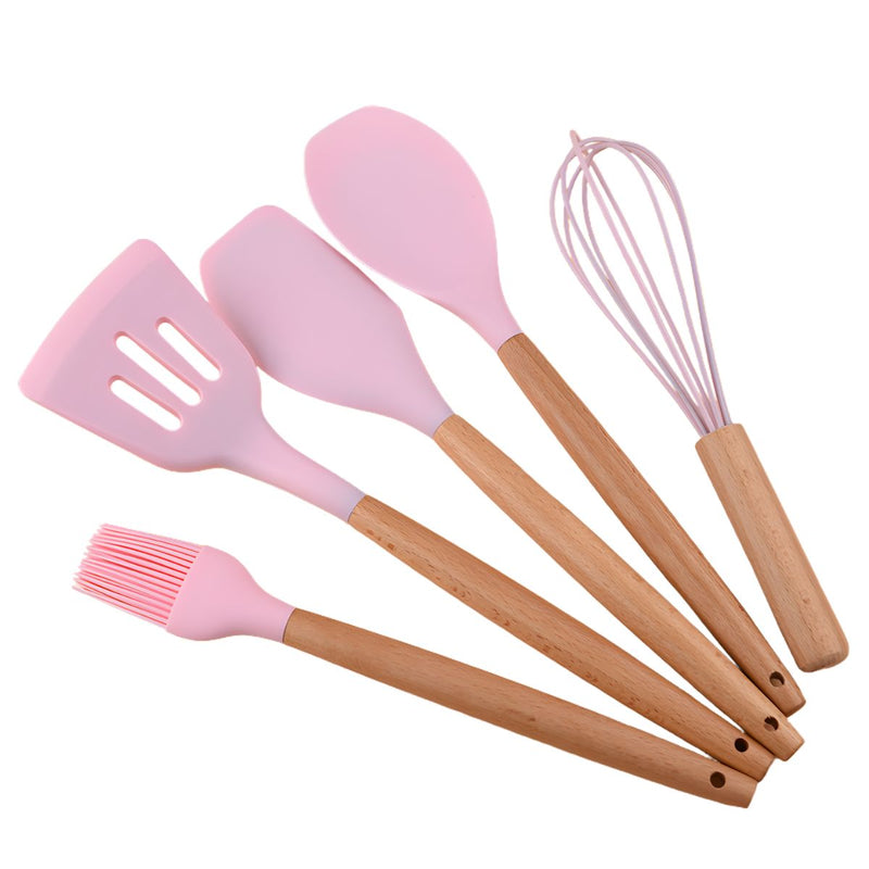 Utensilios de Cocina de Silicona y Madera. Juego de cucharones de 5 Piezas Antiadherentes y Resistentes al Calor. Color rosado.