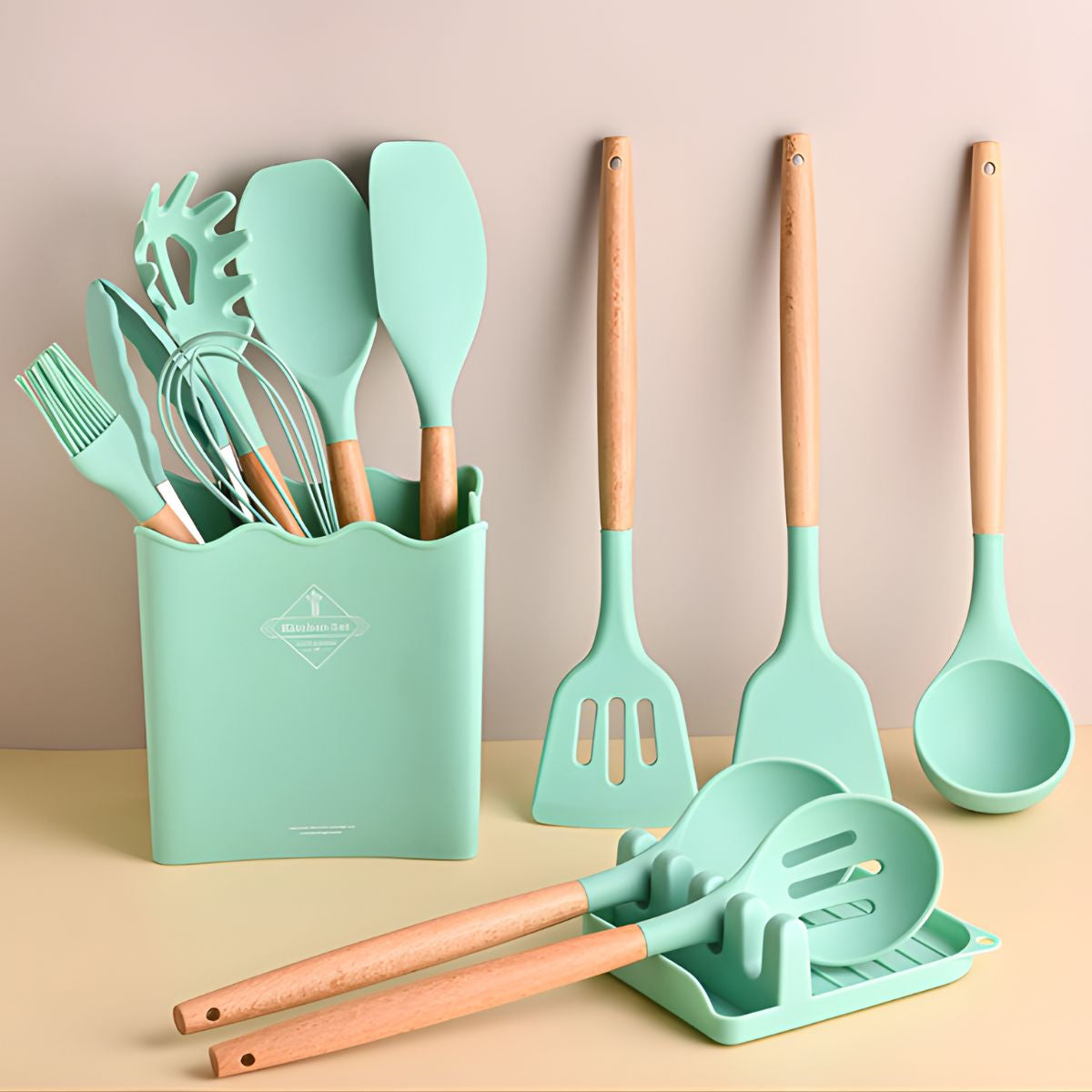 Utensilios de Cocina de Silicona y Madera. Juego de cucharones de 13 Piezas Antiadherentes y Resistentes al Calor.