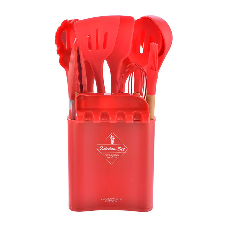 Utensilios de Cocina de Silicona y Madera. Juego de cucharones de 13 Piezas Antiadherentes y Resistentes al Calor. Color rojo.