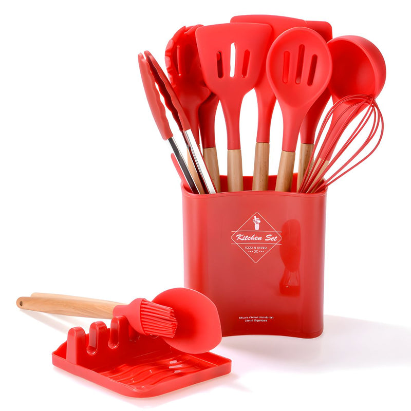 Utensilios de Cocina de Silicona y Madera. Juego de cucharones de 13 Piezas Antiadherentes y Resistentes al Calor. Color rojo.