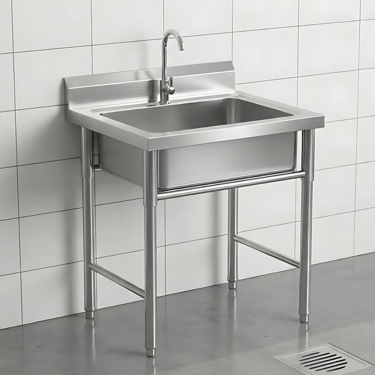 Fregador Industrial con una Tina De Acero Inoxidable (70x70x80cm). Espesor 0.7Mm. Lavaplatos Con Respaldo Y Patas Reforzadas.