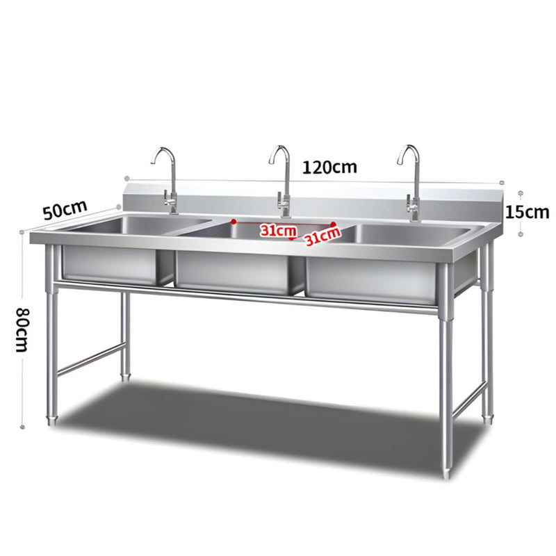 Fregador Industrial con 3 Tinas de Acero Inoxidable (120x50x80cm) Espesor 0.7Mm. Lavaplatos triple con Respaldo Y Patas Reforzadas.
