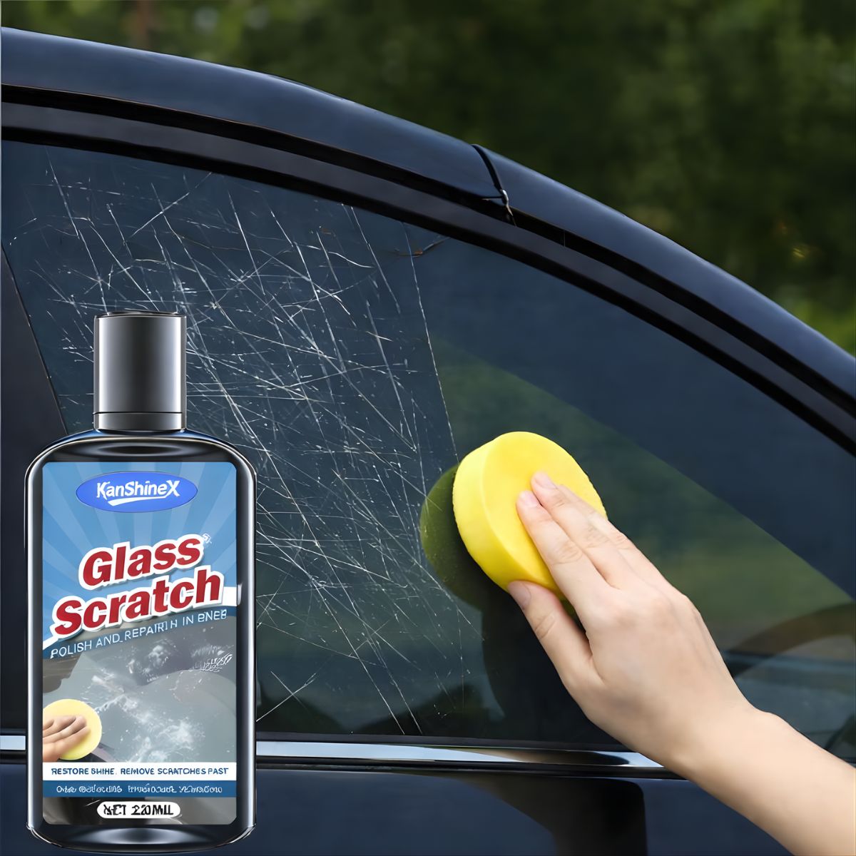 Removedor de Rayones para Vidrios (120ml) con Esponja Incluida. Pasta para Pulir y eliminar rayones de Parabrisas, Ventanas y Espejos.
