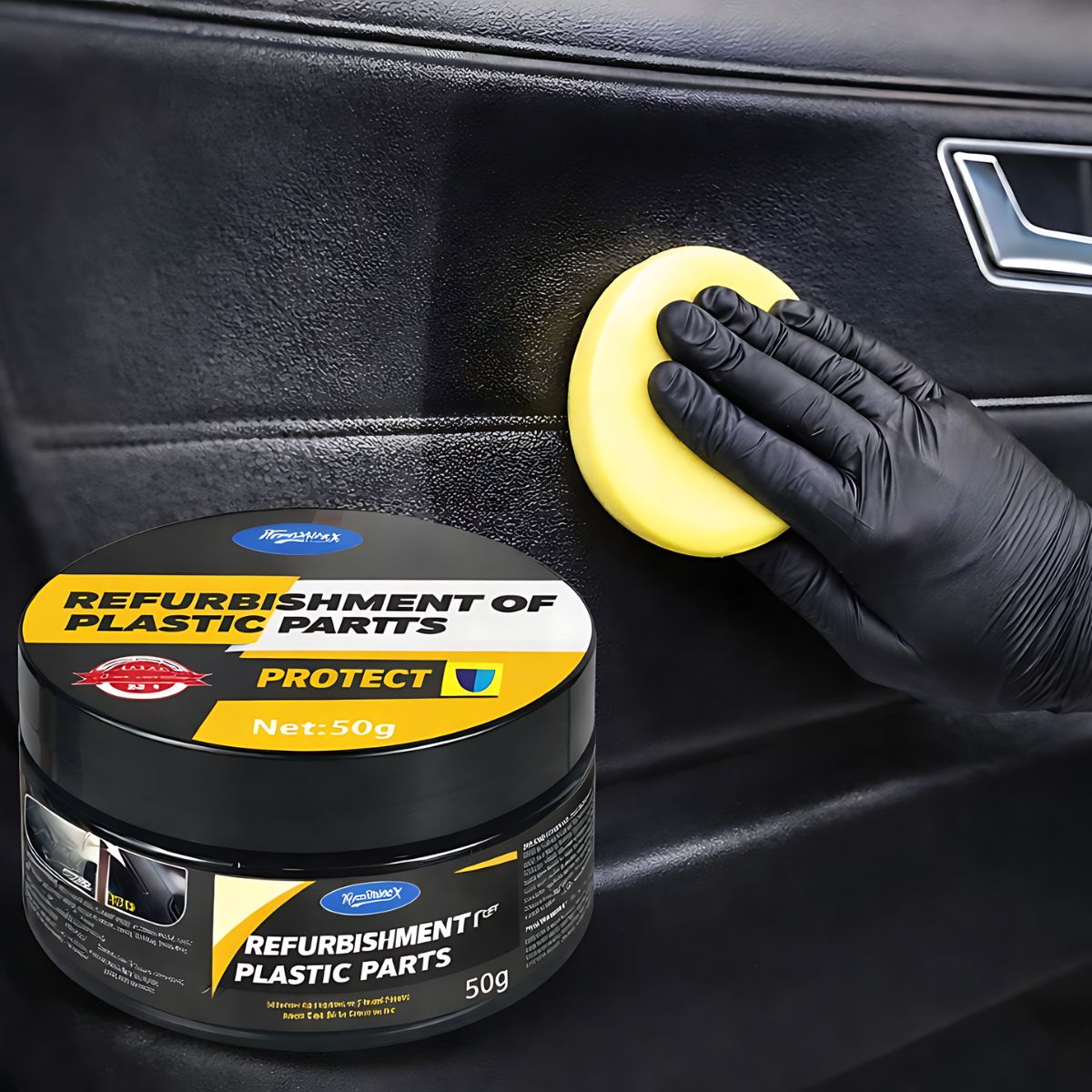 Cera Restauradora Para Plásticos Y Cuero De Auto Con Esponja. Renovador De Interior Automotriz Para Tablero, Puertas, Asientos Y Superficies De Cuero (70g).