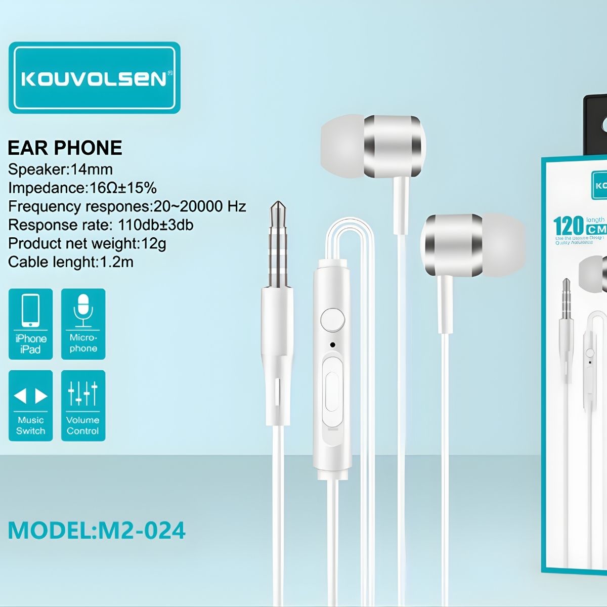 Audífonos con Cable In-Ear 14mm. Auriculares Jack 3.5mm con Micrófono y Control de Volumen. Cable de 1.2m. Color Blanco.