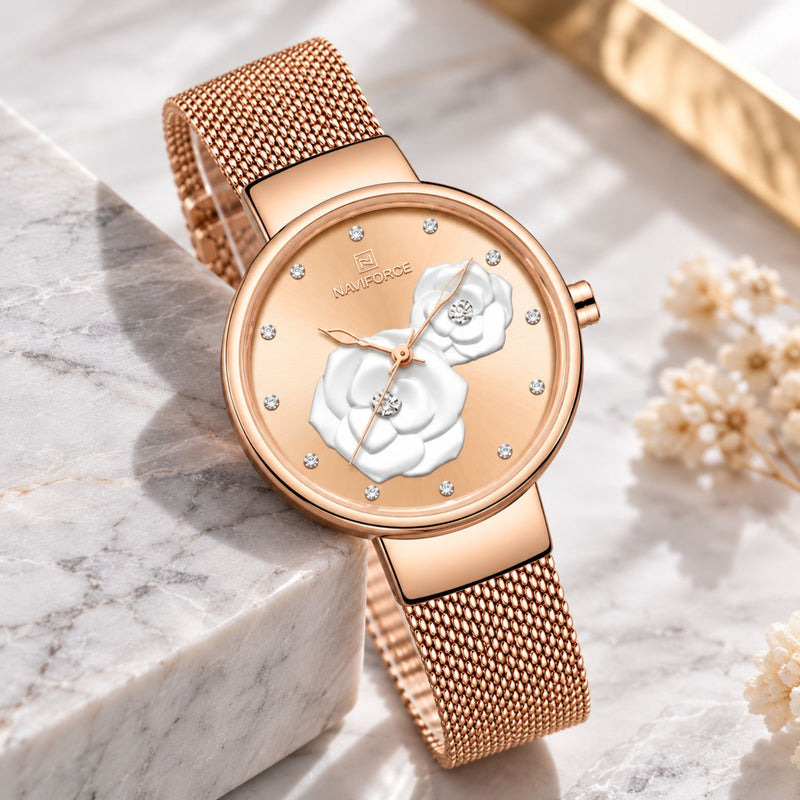 Naviforce Reloj Analógico Rose Gold con Esfera Rose Gold, Correa de Malla de Acero Inoxidable, Diámetro de 32 mm y Resistencia al Agua 3 ATM.