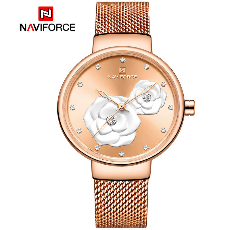 Naviforce Reloj Analógico Rose Gold con Esfera Rose Gold, Correa de Malla de Acero Inoxidable, Diámetro de 32 mm y Resistencia al Agua 3 ATM.