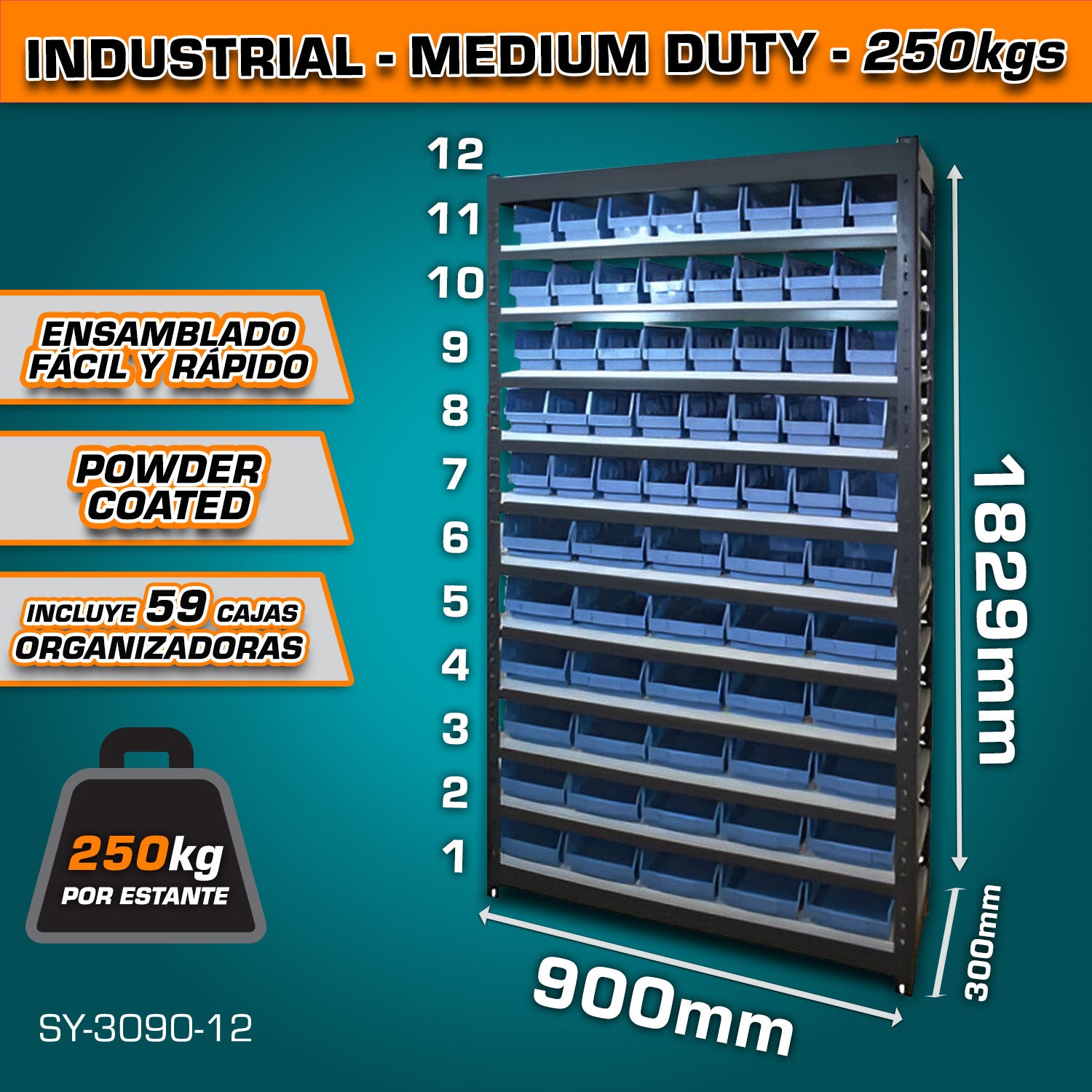 Estante de almacenamiento ajustable 12 niveles con 59 cajas de almacenamiento.300x900x1829mm Carga por nivel 250Kg Estanteria Arma rápido Rack