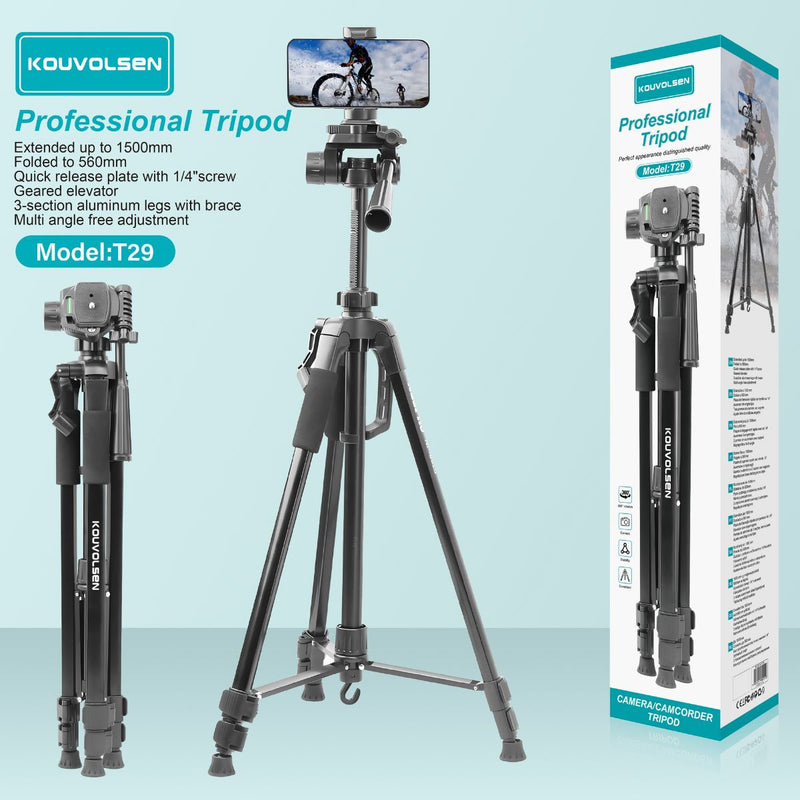 Trípode Para Celular y Cámara 1.5m Ajustable. Soporte Profesional de Aluminio con Cabezal Giratorio. Ideal para Fotografía, Video y Streaming.