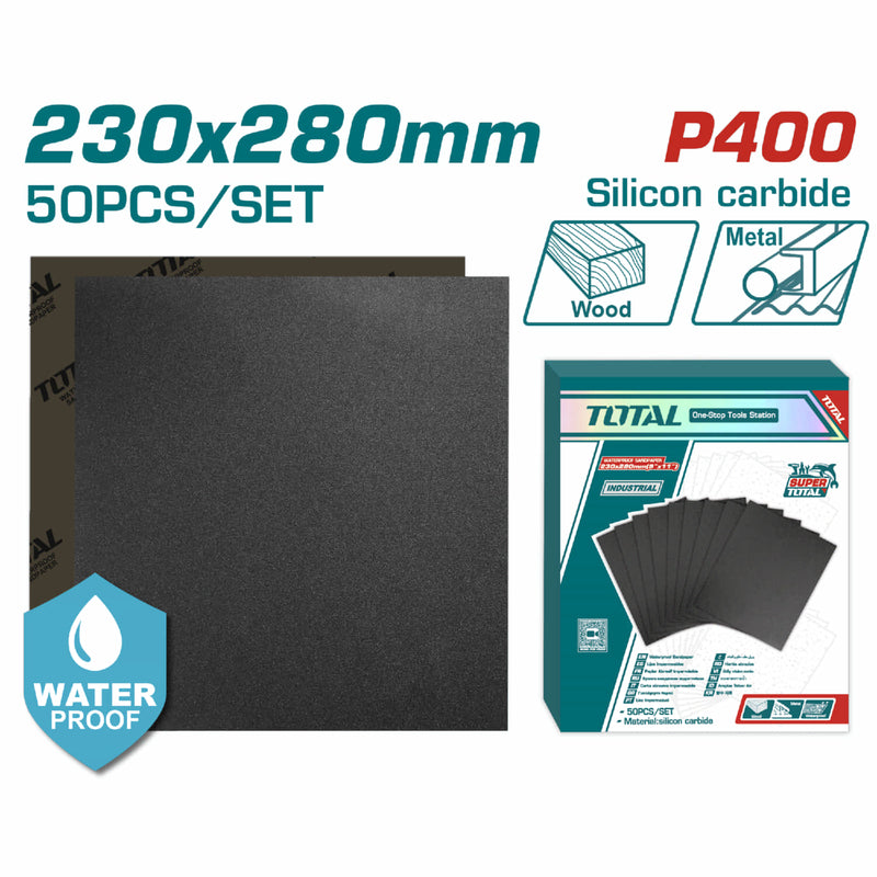 Papel de Lija Impermeable 230x280mm P400 Set de 50 piezas. Ideal para Lijadora.