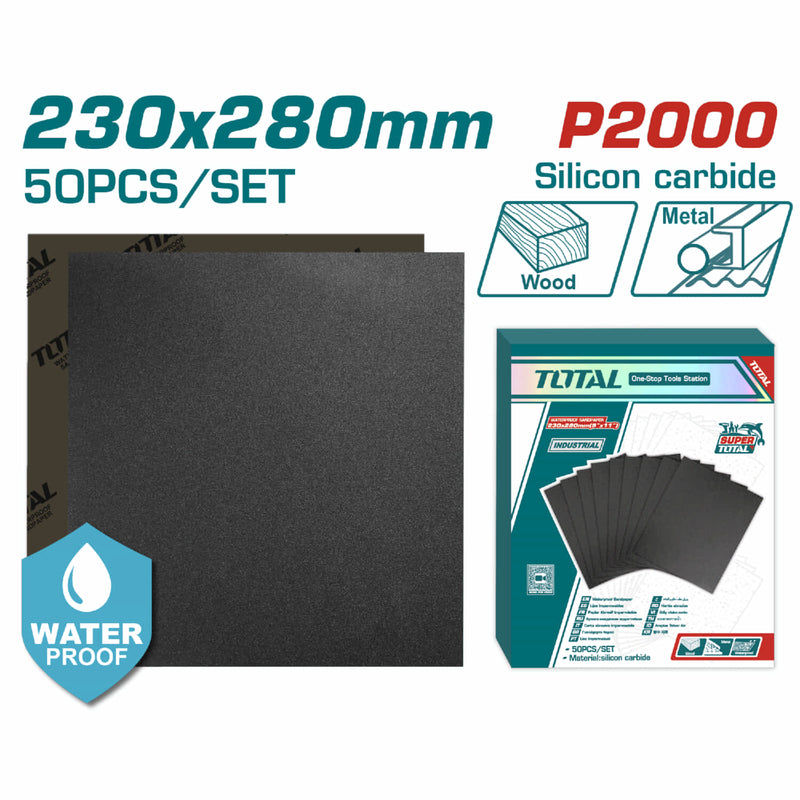 Papel de Lija Grano P2000. A prueba de agua. 230 mm x 280 mm. Set 50 Hojas.