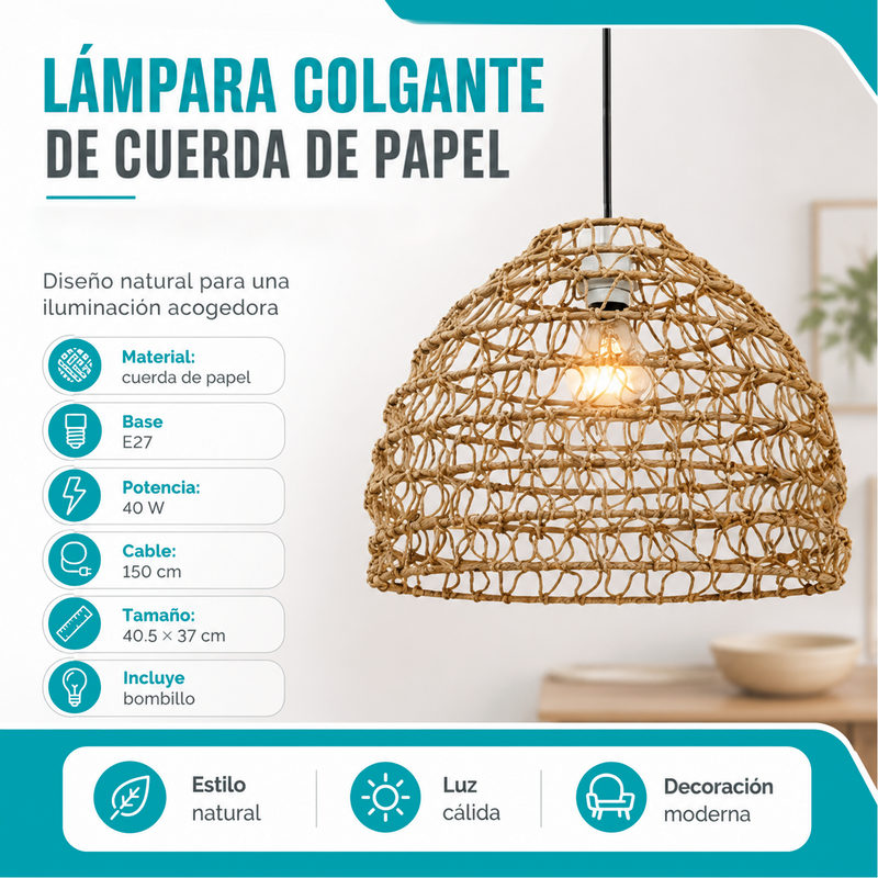 Lámpara Colgante Tejida en Fibra Vegetal 40.5x37cm. Pantalla Decorativa Estilo Boho E27 con Bombillo Incluido 40W 110V.