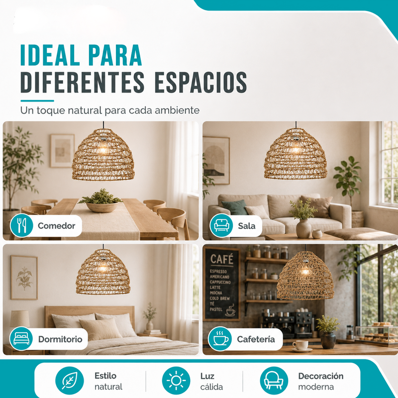 Lámpara Colgante Tejida en Fibra Vegetal 40.5x37cm. Pantalla Decorativa Estilo Boho E27 con Bombillo Incluido 40W 110V.