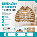 Lámpara Colgante Tejida en Fibra Vegetal 40.5x37cm. Pantalla Decorativa Estilo Boho E27 con Bombillo Incluido 40W 110V.