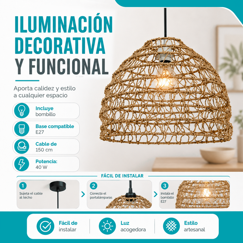 Lámpara Colgante Tejida en Fibra Vegetal 40.5x37cm. Pantalla Decorativa Estilo Boho E27 con Bombillo Incluido 40W 110V.