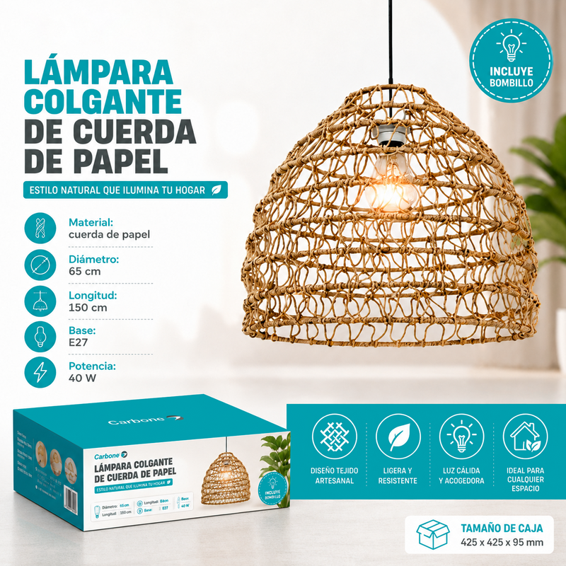 Lámpara Colgante Tejida en Fibra Vegetal 40.5x37cm. Pantalla Decorativa Estilo Boho E27 con Bombillo Incluido 40W 110V.