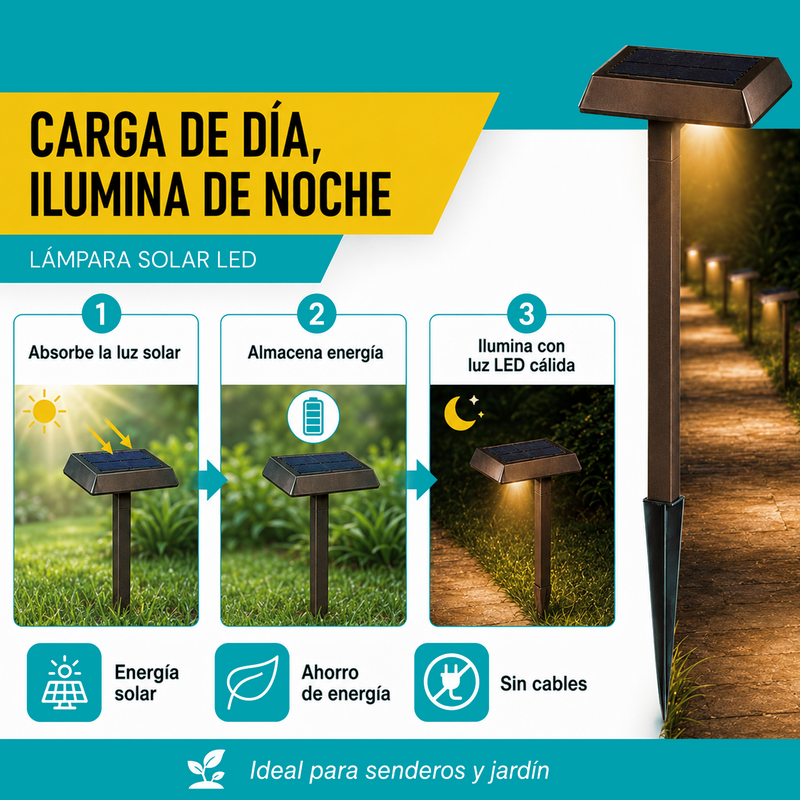 Lámpara Solar LED Para exterior 51.8cm. Luz Cálida de 30 Lúmenes Con Panel Solar para jardín o patio. Set De 6 Unidades.