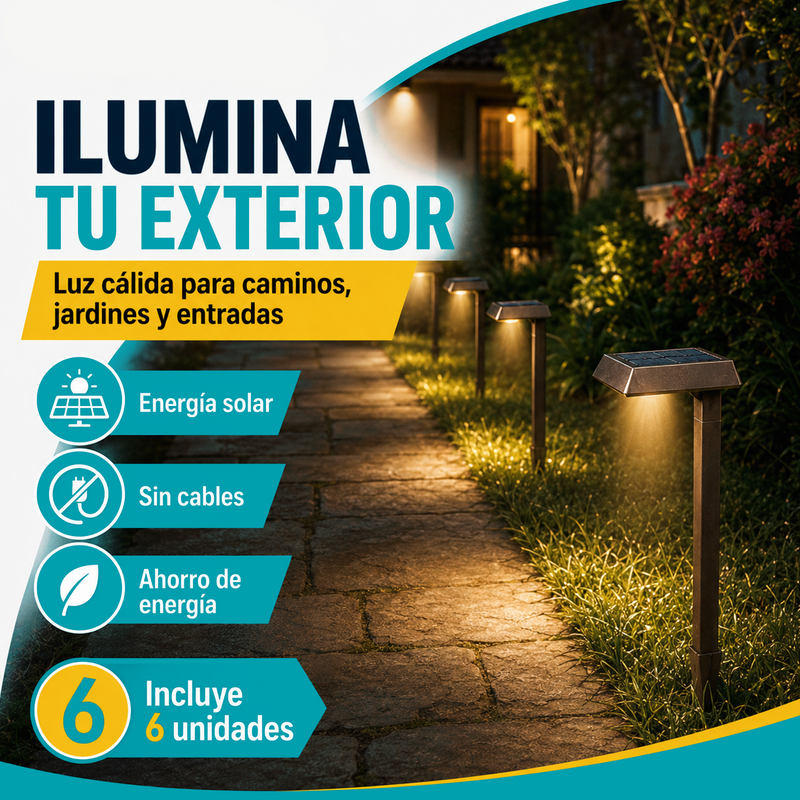 Lámpara Solar LED Para exterior 51.8cm. Luz Cálida de 30 Lúmenes Con Panel Solar para jardín o patio. Set De 6 Unidades.