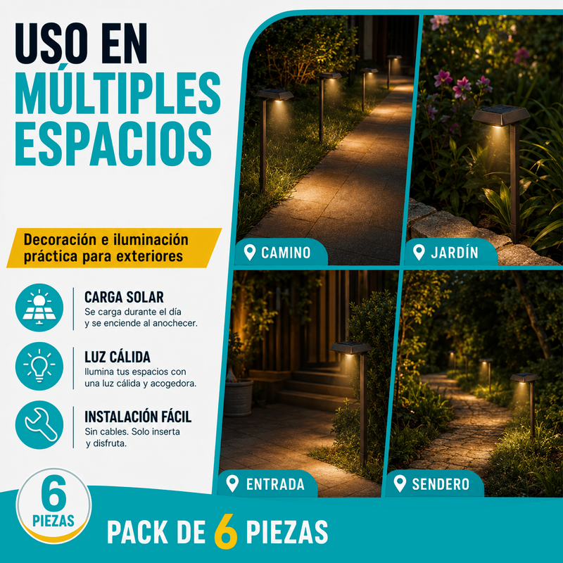 Lámpara Solar LED Para exterior 51.8cm. Luz Cálida de 30 Lúmenes Con Panel Solar para jardín o patio. Set De 6 Unidades.