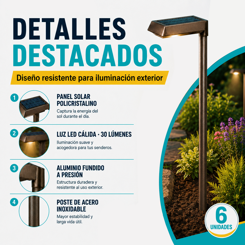 Lámpara Solar LED Para exterior 51.8cm. Luz Cálida de 30 Lúmenes Con Panel Solar para jardín o patio. Set De 6 Unidades.