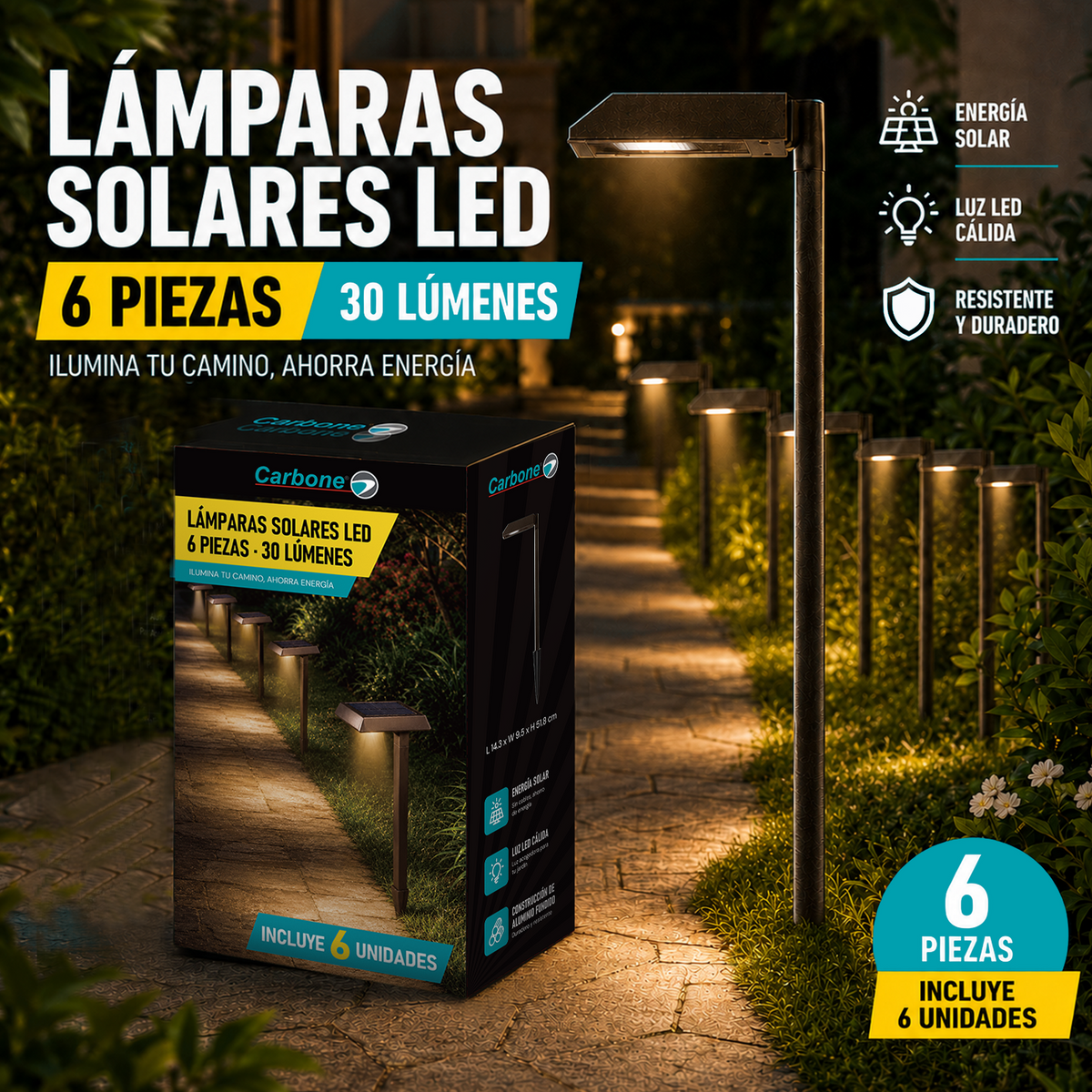 Lámpara Solar LED Para exterior 51.8cm. Luz Cálida de 30 Lúmenes Con Panel Solar para jardín o patio. Set De 6 Unidades.